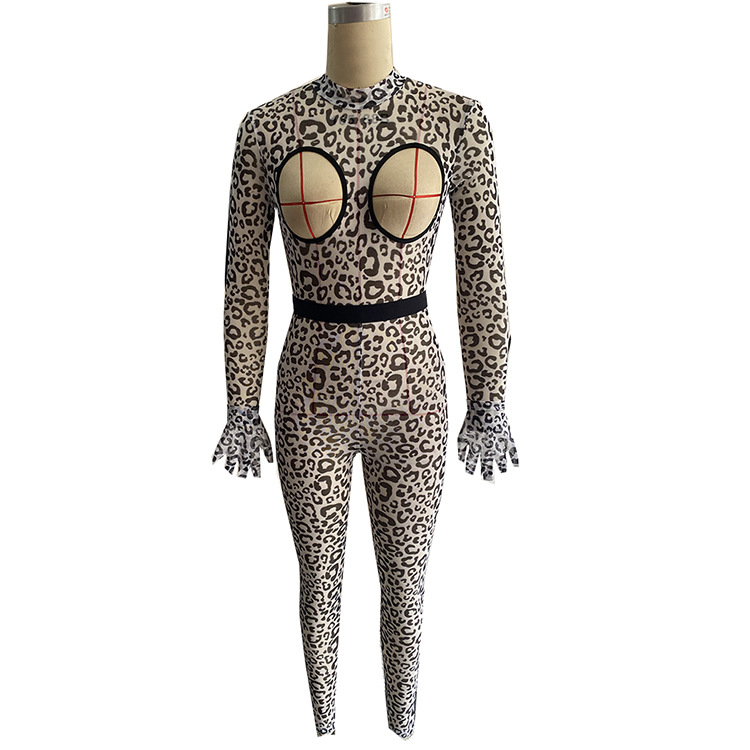 Leopard Print Mesh Jumpsuit Cosplay Costume - Hollow Out Long Sleeve Bodysuit